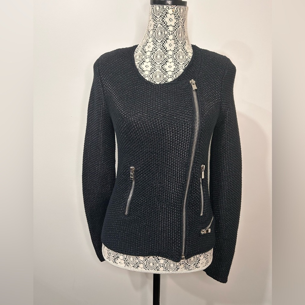 Maje black multi zippered moto inspired fabric jacket size 2 - Picture 3 of 15